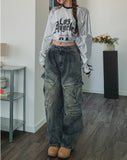 Copper Rivet Pin Tuck Cargo Denim Pants