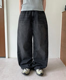 Medit Cat Washing Cut Wide Black Denim Pants
