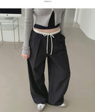 Color Matching Banding Side Zipper Pintuck Wide Slacks Pants