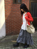 Cayue Check Shirring Tiered Banding Long Skirt