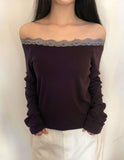 Enyu Lace Lip Neck Long Sleeve T-Shirt