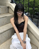 [with pad/adjustable straps] Cheeky back banding layered lace color matching shirring sleeveless