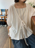 Nanako Summer Ribbon Puff Short Sleeve Bolero Knit Cardigan