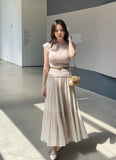 [Two-piece Set] Soche Ribbed Cap Knit Chiffon Skirt Set (Belt Set)