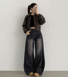 Autumn Pocket Zipper Loose Fit Leather Two-Way Crop Jacket