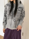 Nopel Vintage Butterfly Angora High Neck Long Sleeve Cardigan Zip Up