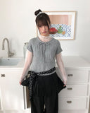 Moon round neck ribbon layered wool short sleeve knit
