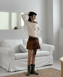 Twill Ribbon Strap Off-Shoulder Slit Cropped Long Sleeve T-Shirt