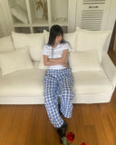Khark Checkered Pintuck Banding Long Wide Pants