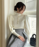 Levin Puff Pearl Button Frill Lace Turtleneck Knit