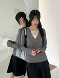 Rti Vintage V-neck Lace Hood Long Sleeve T-shirt
