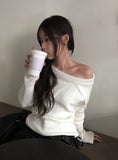 Fuzz Collar Rib Off-Shoulder Slit Long Sleeve Knit