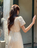 Ruckbell Square Neck Embroidered Tulip Pintuck Long One Piece