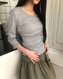 Neilon V-neck Side Shirring Three-Quarter T-shirt