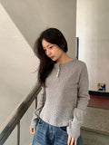 Shuji Flower Waffle Henley Neck Long Sleeve Tee