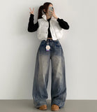 Washing Banding Heated Fabric Brushed Hem Snap Wide Fit Denim Pants XL~