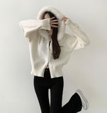 Two-Way Fur Hood Slim Fit Knit Zip-Up