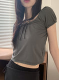 Kelle Ribbon Shirring Mesh Air Puff Crop Short Sleeve T-shirt