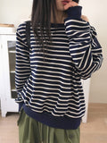 Ohne color matching stripe plain loose fit off-shoulder long sleeve sweatshirt