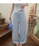 Frill Stripe Vacation Look Summer Wide Banding Pants