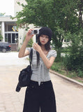 Asso Stripe Lace Puff Bolero Slim Short Sleeve T-Shirt