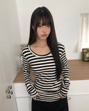 Juka Striped U-Neck Long Sleeve T-Shirt