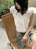 Roba Embossed Pearl Button Short Sleeve Blouse