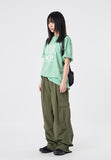 Waist string cotton wide cargo pants