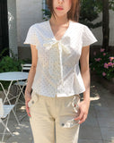 Enne Dot Ribbon Pintuck Blouse