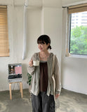 Nenti Linen Wood Beads Strap Shirring Hood Zip-up