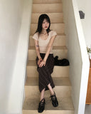 Celty Embossing Back Slit Strap U-Neck Short Sleeve T-shirt