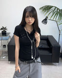 Lasso Eyelet Lettering Collar Tee