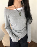 Elan Color Matching Shirring One-Shoulder Long-Sleeve T-Shirt