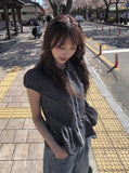 Ripen Check Lace Frill Puff Short Sleeve Shirt