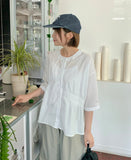 Kiken Shirring Round Short Sleeve Blouse