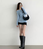 Boat Neck Off-Shoulder Knit Long Sleeve Slit Slim Fit T-Shirt