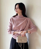 Letel Half Neck Unbalanced Drape Brushed Lined Tee Blouse