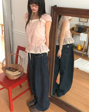 Kyohi Ribbon Pintuck Lace Short Sleeve Blouse