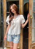 Collie Tulip-Sleeve Pintuck String Blouse