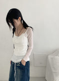 Petitron see-through ribbon strap long sleeve blouse