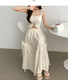 Tiered Frill Sleeveless A-line Banding Long Skirt Two-Piece Set Vacation Look