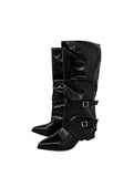 Double Buckle Shirred Stiletto Long Boots