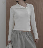 Sailor Collar Unbalanced Button Ribbed T-Shirt