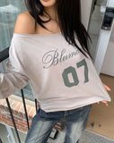 Marill Number Lettering Printed One-Off Shoulder Long Sleeve T-Shirt