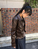 Dunen Collar Zipper Pocket Biker Washing Leather Jacket