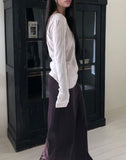 Ruden Pleated Print U-Neck Long Sleeve T-Shirt