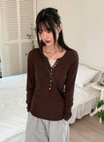 Toot lace layered button ribbed long sleeve knit