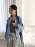 [UNISEX] Barket Vintage Oversized-fit Stitch Denim Long Sleeve Shirt