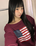 Murhit American Flag Printing One-Off Shoulder Long Sleeve Sweatshirt