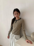 Mibat Stripe Henley Neck Long Sleeve Tee